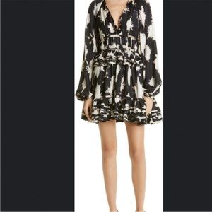 Ulla Johnson Emery Tie Dye Mini Dress Black 100% Silk Long Sleeve Size 0, NWT